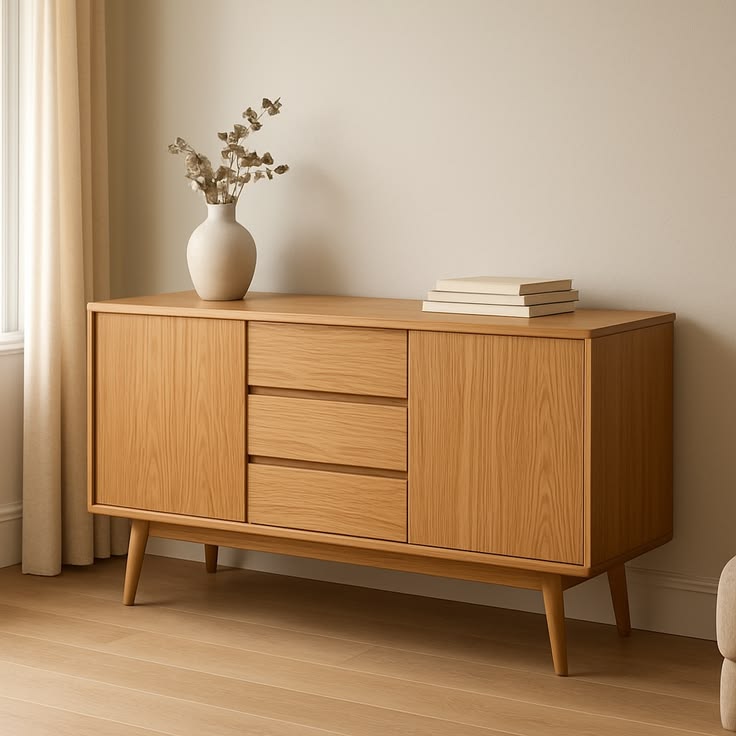 Sideboard Cabinet in Plywood with Oak Sunmica Finish | 2-Door & 3-Drawer Storage Cabinet for Living Room, Dining Room & Bedroom