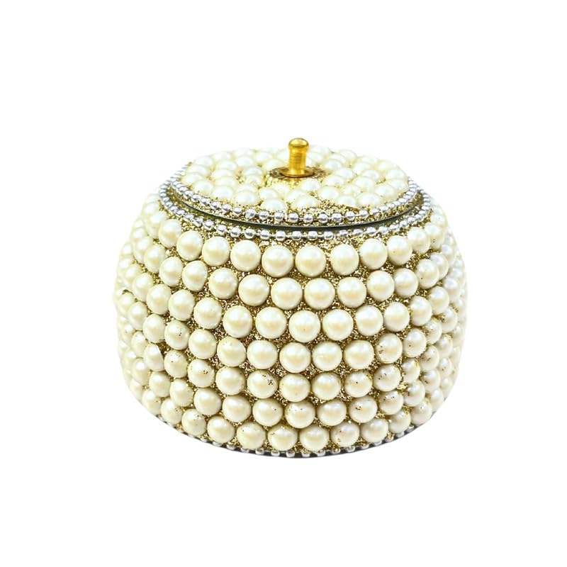 Elegant Handcrafted White Pearl Decorative Jewelry Storage Box with Lid – Round Trinket & Keepsake Box