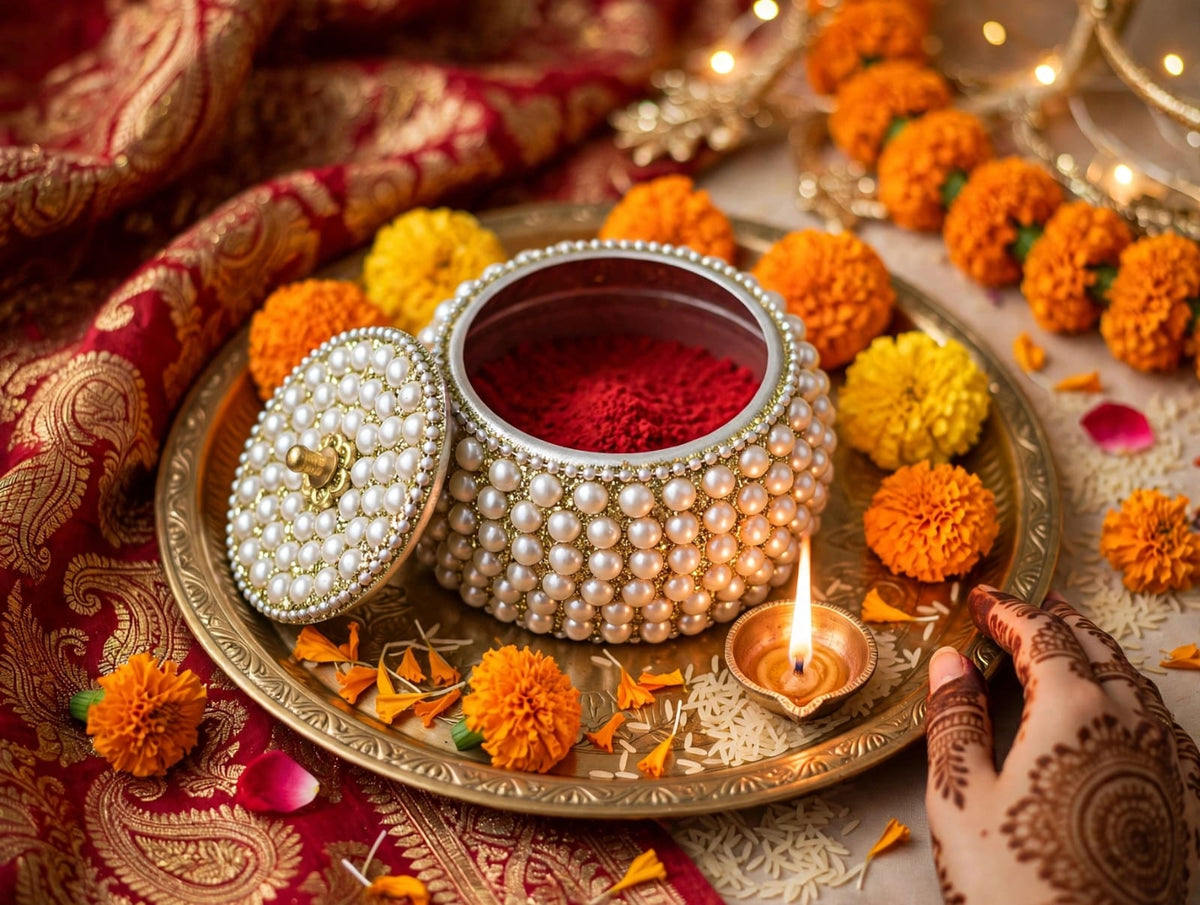 Elegant Handcrafted White Pearl Sindoor Box – Round Kumkum Dabbi with Lid