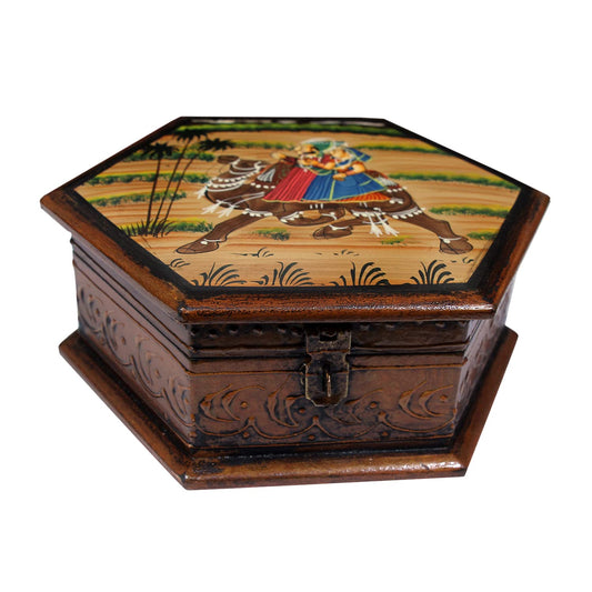 Adorn World JewelryWooden Rajasthani Box with Handicraft Printing | Multipurpose Box | Wooden Jewellery Box | Wooden Dry Fruit Box with Four Partition | Supari Daan – (Pack of 1)