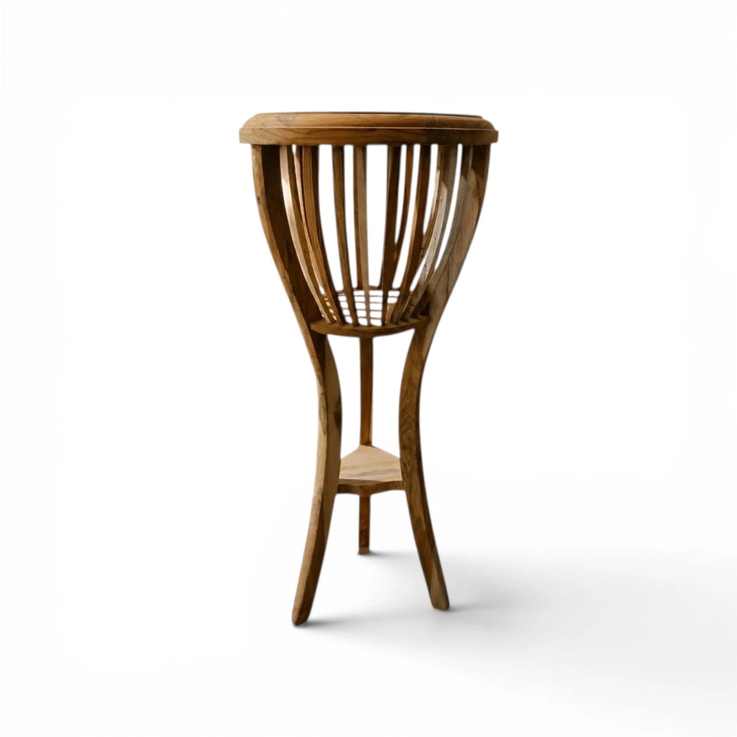 Wooden stool with a round seat and curved backrest on a white background