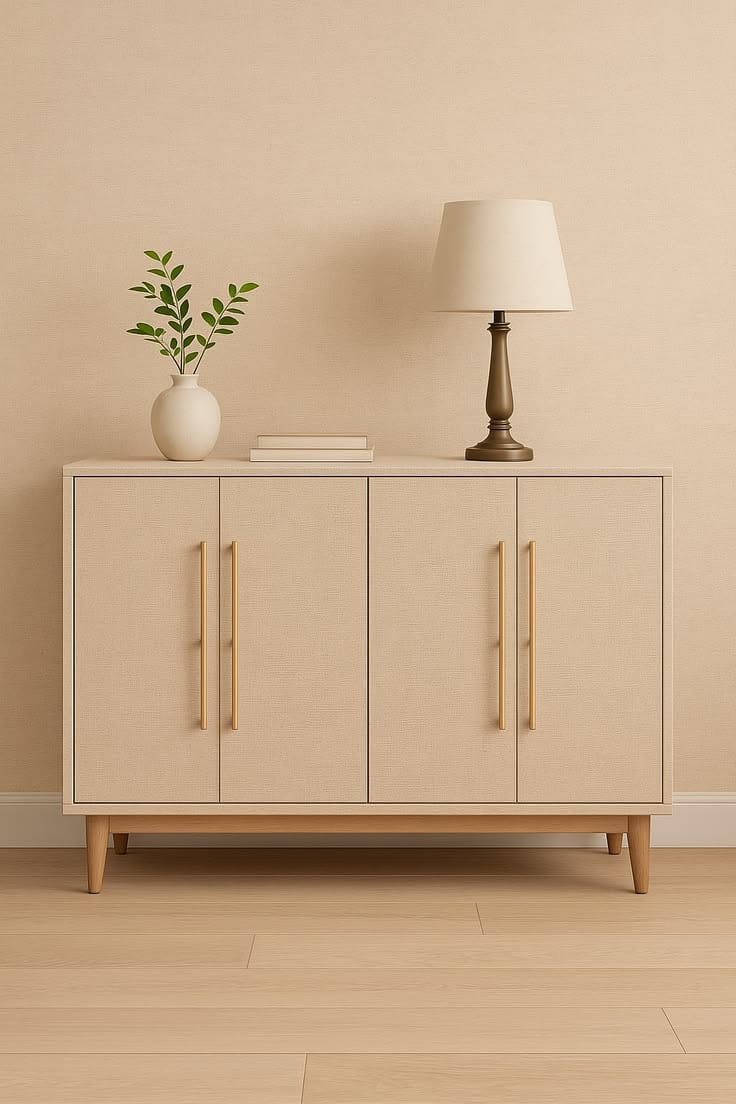 Sideboard Cabinet in Plywood with Beige Linen Texture Sunmica Finish | 4-Door Storage Cabinet for Living Room, Dining Room & Entryway