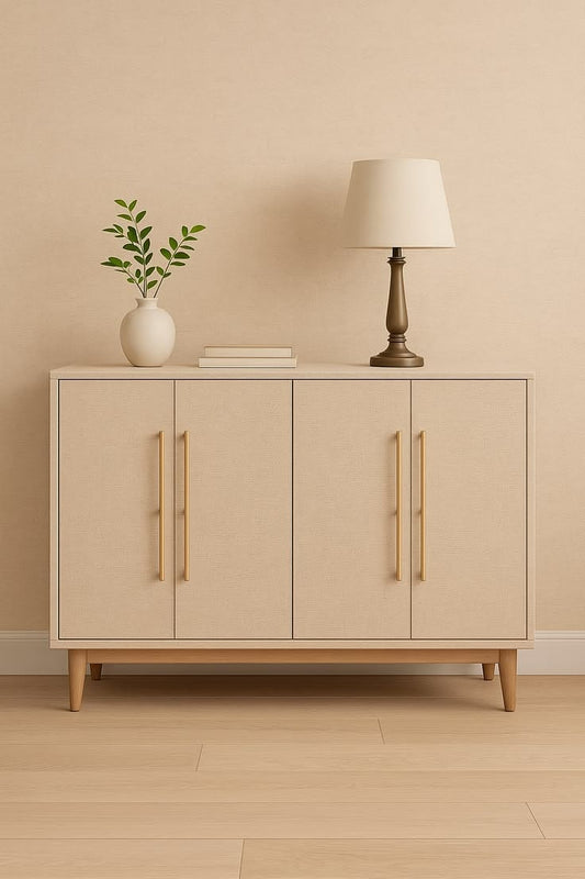Sideboard Cabinet in Plywood with Beige Linen Texture Sunmica Finish | 4-Door Storage Cabinet for Living Room, Dining Room & Entryway