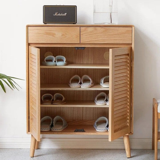 Plywood with sunmica Shoe Storage Cabinet with Louver Doors & 2 Drawers | Freestanding Entryway Shoe Organizer Rack
