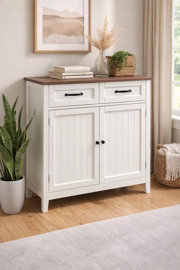 Farmhouse Storage Cabinet in Plywood with Decor & Walnut Sunmica Finish | 2-Door & 2-Drawer Sideboard for Living Room & Entryway