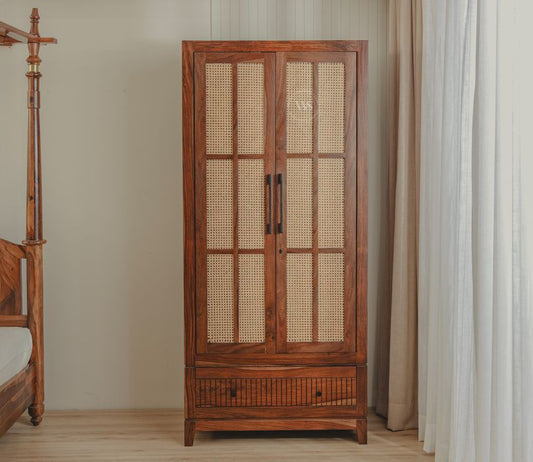 Saanvi Sheesham Wood Wardrobe with Elegant Cane Detailing (Teak Finish)