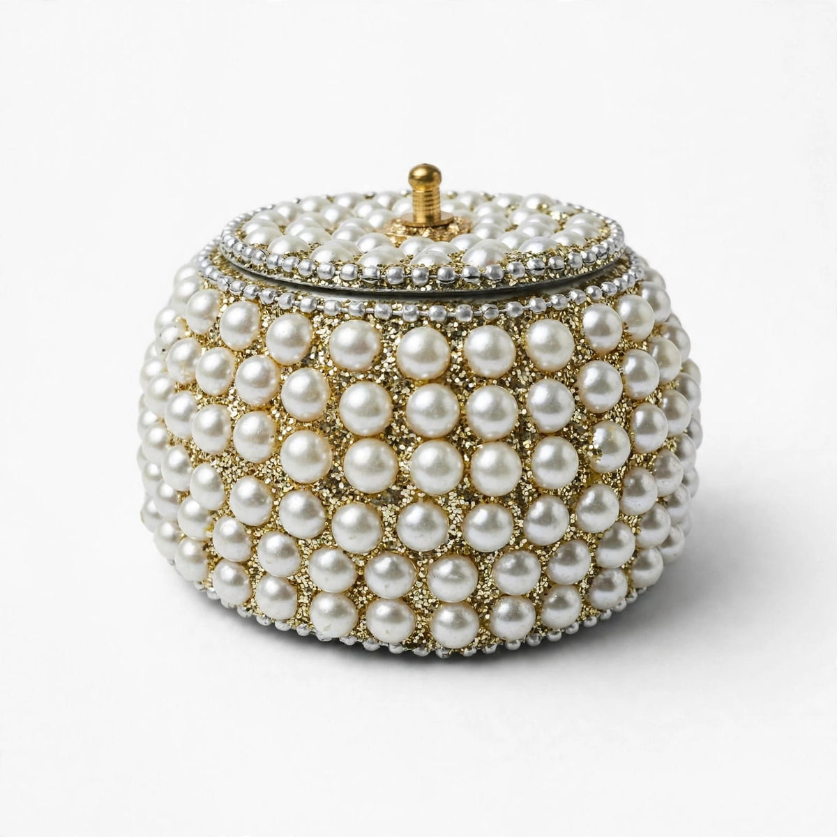 Elegant Handcrafted White Pearl Sindoor Box – Round Kumkum Dabbi with Lid