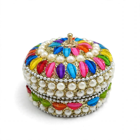 Handcrafted Decorative Pearl & Multicolor Stone Jewelry Storage Box with Lid – Round Trinket Box for Gifts & Home Décor