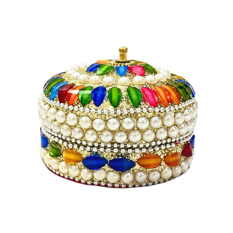 Handcrafted Decorative Pearl & Multicolor Stone Jewelry Storage Box with Lid – Round Trinket Box for Gifts & Home Décor