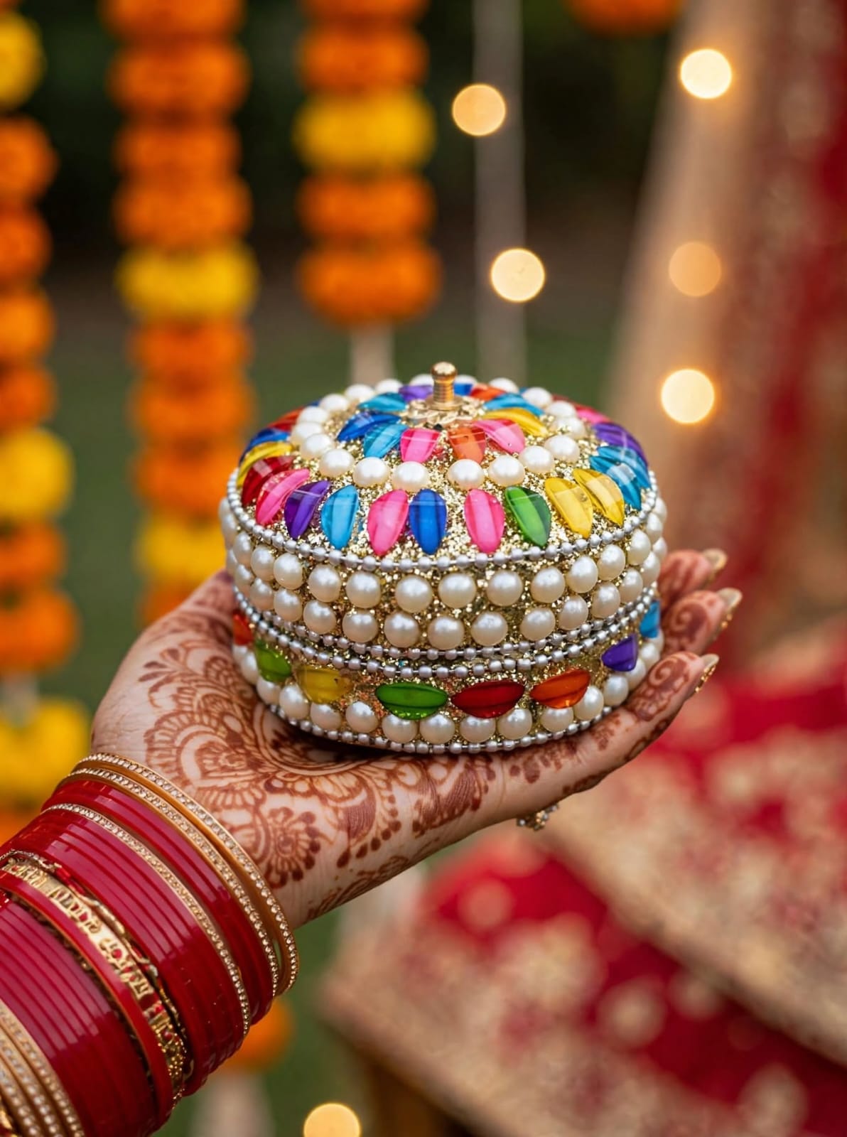 Handcrafted Decorative Pearl & Multicolor Stone Jewelry Storage Box with Lid – Round Trinket Box for Gifts & Home Décor