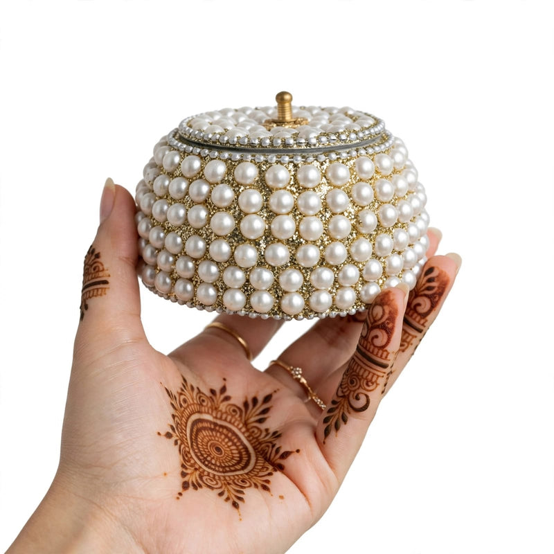 Elegant Handcrafted White Pearl Sindoor Box – Round Kumkum Dabbi with Lid