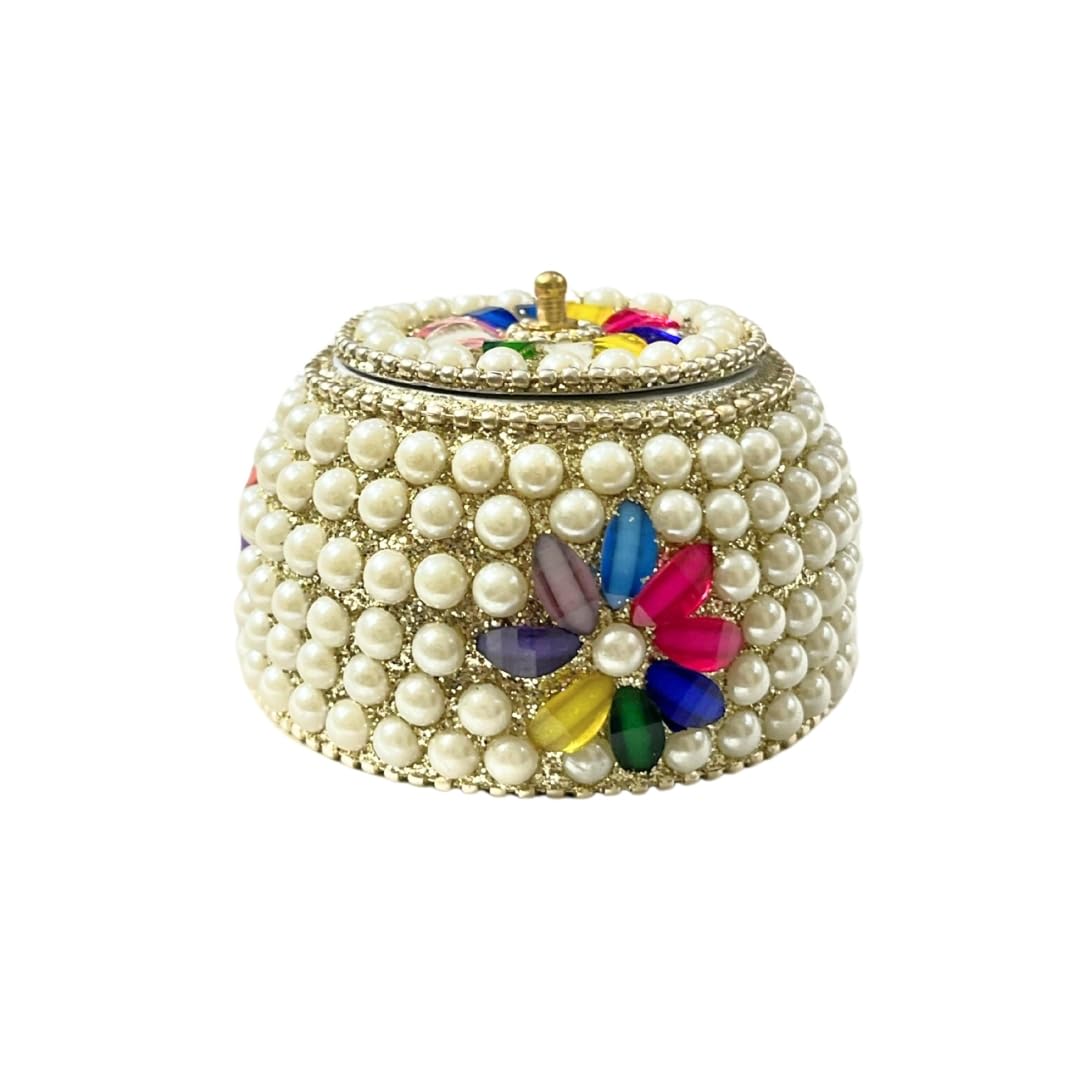Handcrafted Pearl & Multicolor Floral Stone Decorative Jewelry Storage Box with Lid – Round Trinket & Keepsake Box