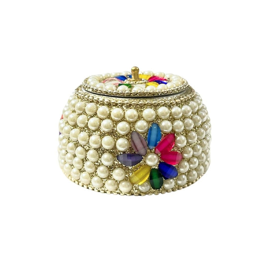 Handcrafted Pearl & Multicolor Floral Stone Decorative Jewelry Storage Box with Lid – Round Trinket & Keepsake Box