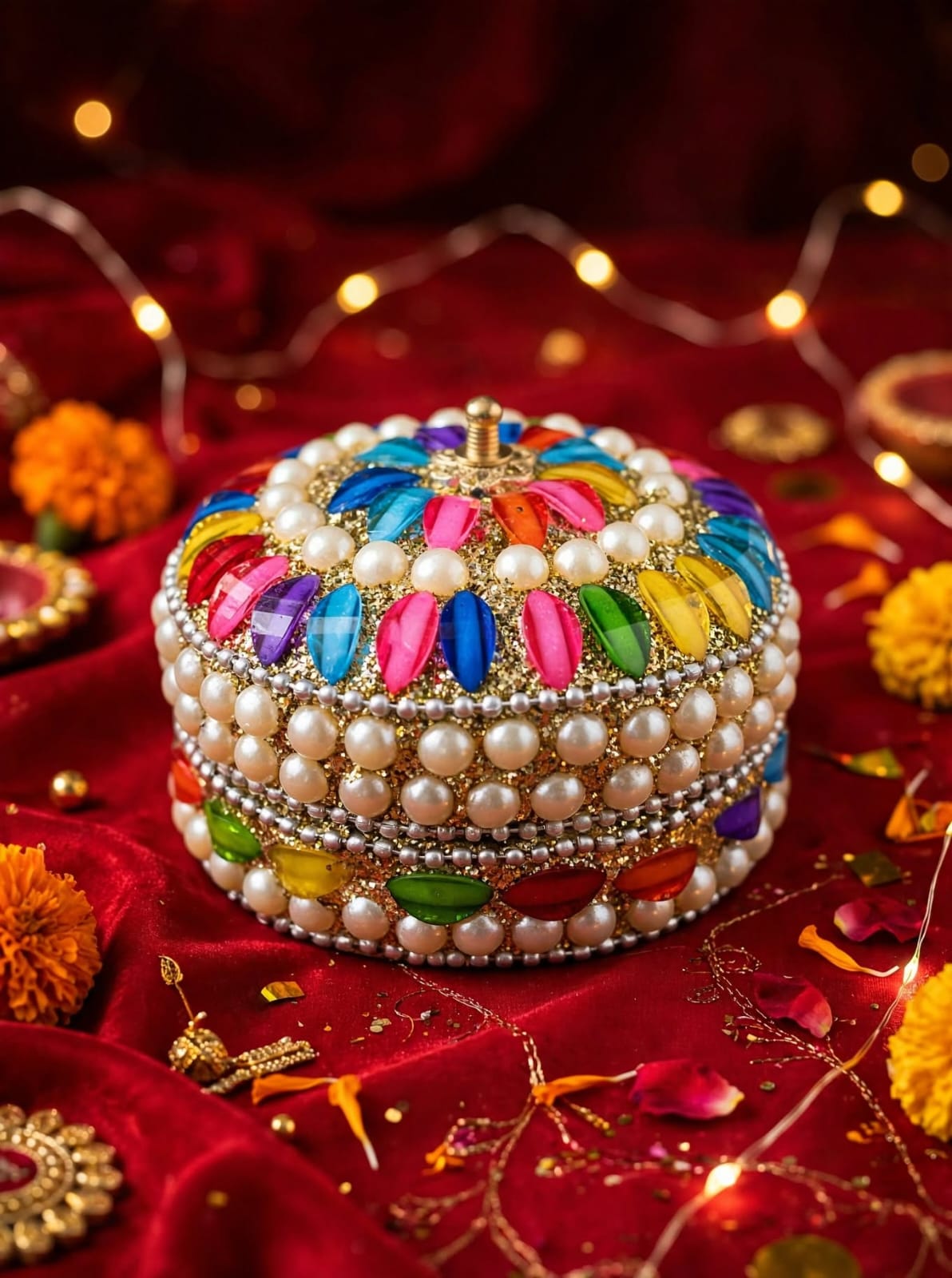 Handcrafted Decorative Pearl & Multicolor Stone Jewelry Storage Box with Lid – Round Trinket Box for Gifts & Home Décor