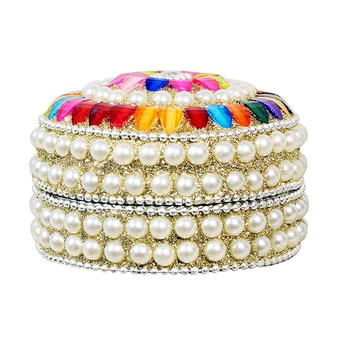 Handcrafted Oval Pearl & Multicolor Stone Decorative Jewelry Storage Box with Lid – Luxury Trinket & Keepsake Box