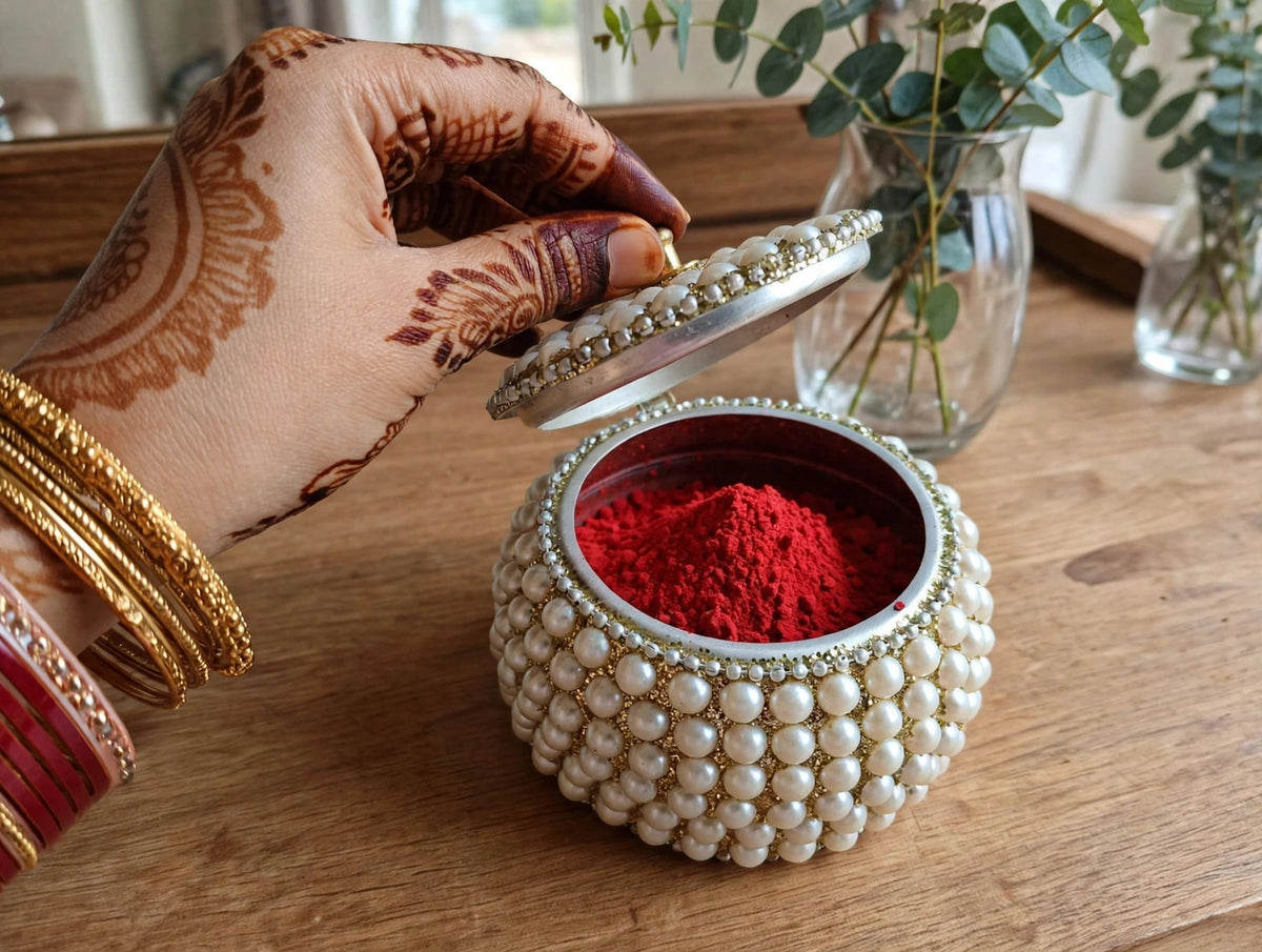 Elegant Handcrafted White Pearl Sindoor Box – Round Kumkum Dabbi with Lid