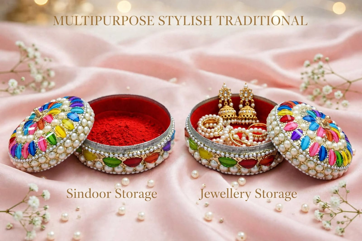 Handcrafted Decorative Pearl & Multicolor Stone Jewelry Storage Box with Lid – Round Trinket Box for Gifts & Home Décor