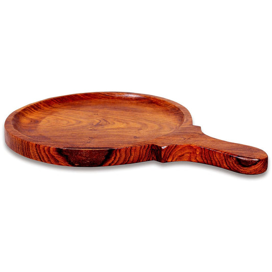 Sheesham Wood Round Serving Platter with Handle – Handmade Wooden Serving & Pizza Board