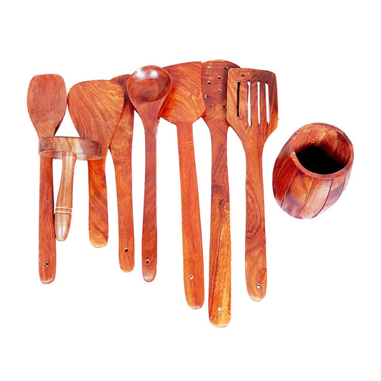 ADORN WORLD Wooden Cooking Spoon Set (7 Spoon with Masher) & Stand | Non Stick Kitchen Utensil | Serving Tongs | Kitchen Tool Set | Sheesham Wood Brown (Round)