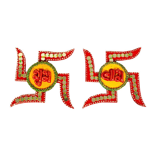 Adorn World Wooden & Paper Shubh-Labh Door Hanging | Swastik Wall Hanging | Swastik Symbol for Home | Wooden Swastik | Swastik Door Hanging | Swastik Sticker for Wall & Swastic for Door – (Pack of 1)