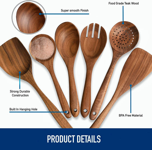 ADORN WORLD Kitchen Premium Wooden Utensils for Cooking - 6 Pc Set Non-Stick Soft Comfortable Grip Wooden Cooking Utensils - Smooth Finish Teak Wooden Spoon Sets for Cooking