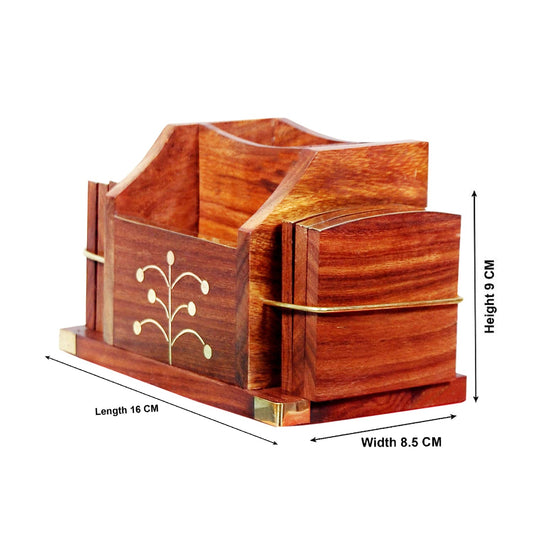 Adorn World Wooden Pen Stand with Tea Coaster | Office Accessories | Desk Organizer | Home Decor | Table Décor | Pen Stand