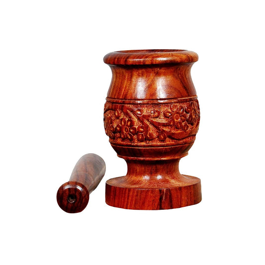 Adorn World Mortar & Pestle | Khalbatta Okhli Masher | Mortar and Pestle Set Kitchen Tool | Khal Dasta Spice Masher | Ural Set | Wood Hand Chopper | Kitchen Khalbatta | Crushing and Grinding Pestle | Okhli Masher Brown (Set of 1)