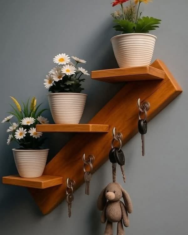 Wooden Wall Key Holder with Plant Shelves