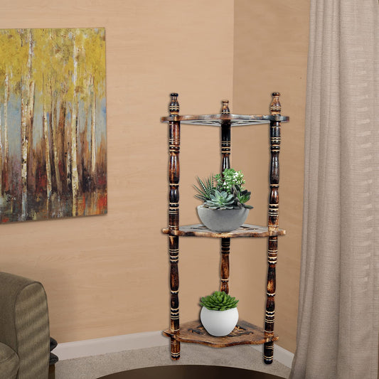 Adorn World Foldable Mini Corner Rack | Corner Shelf for Living Room | Mini Floor Shelf | Stair Shelf | Corner Stand | Corner Stand for Living Room | Corner Shelves for Living Room | Mini Shelf 3 Tier Wooden Foldable shelf