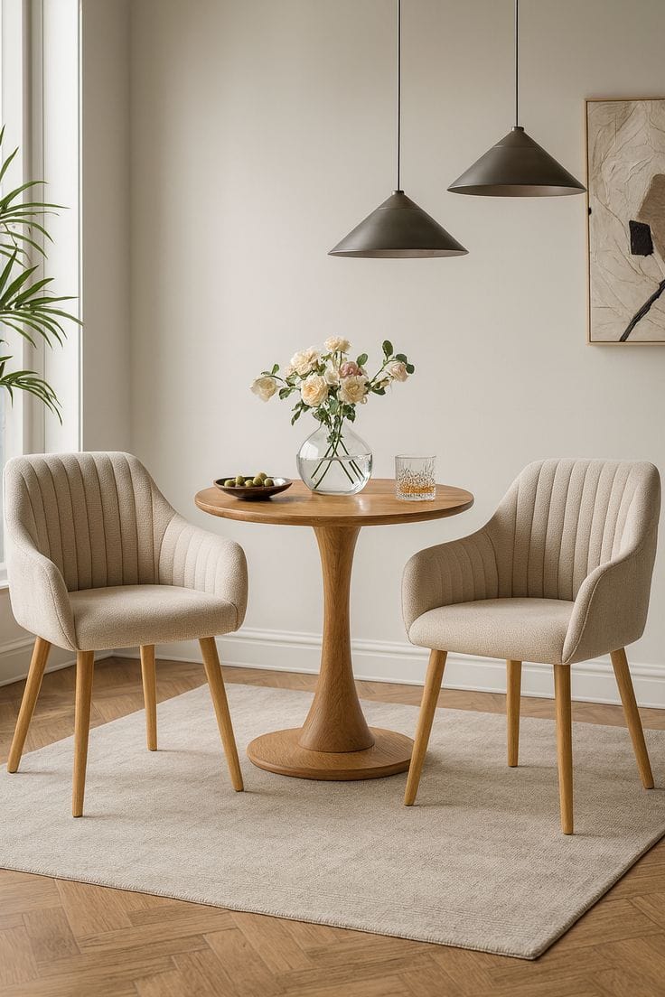 Solid Teakwood 2 Seater Round Dining Table Set with Upholstered Chairs | Modern Dining Furniture