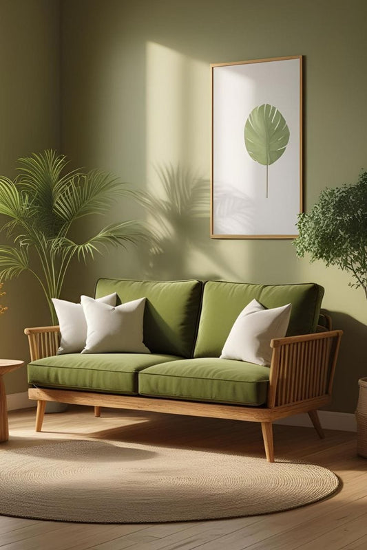 Teakwood 2 Seater Sofa with Premium Upholstered Fabric Cushions | Scandinavian Living Room Furniture