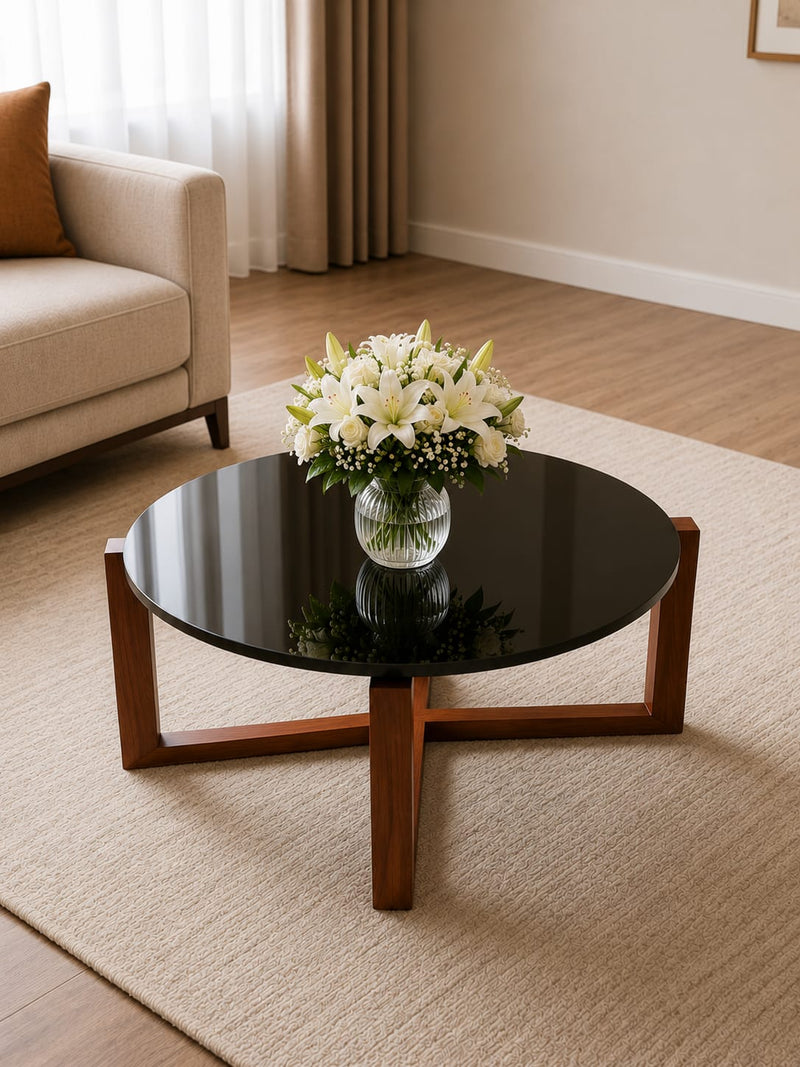 Premium Teakwood Round Coffee Table with Glass Top – Modern Living Room Center Table