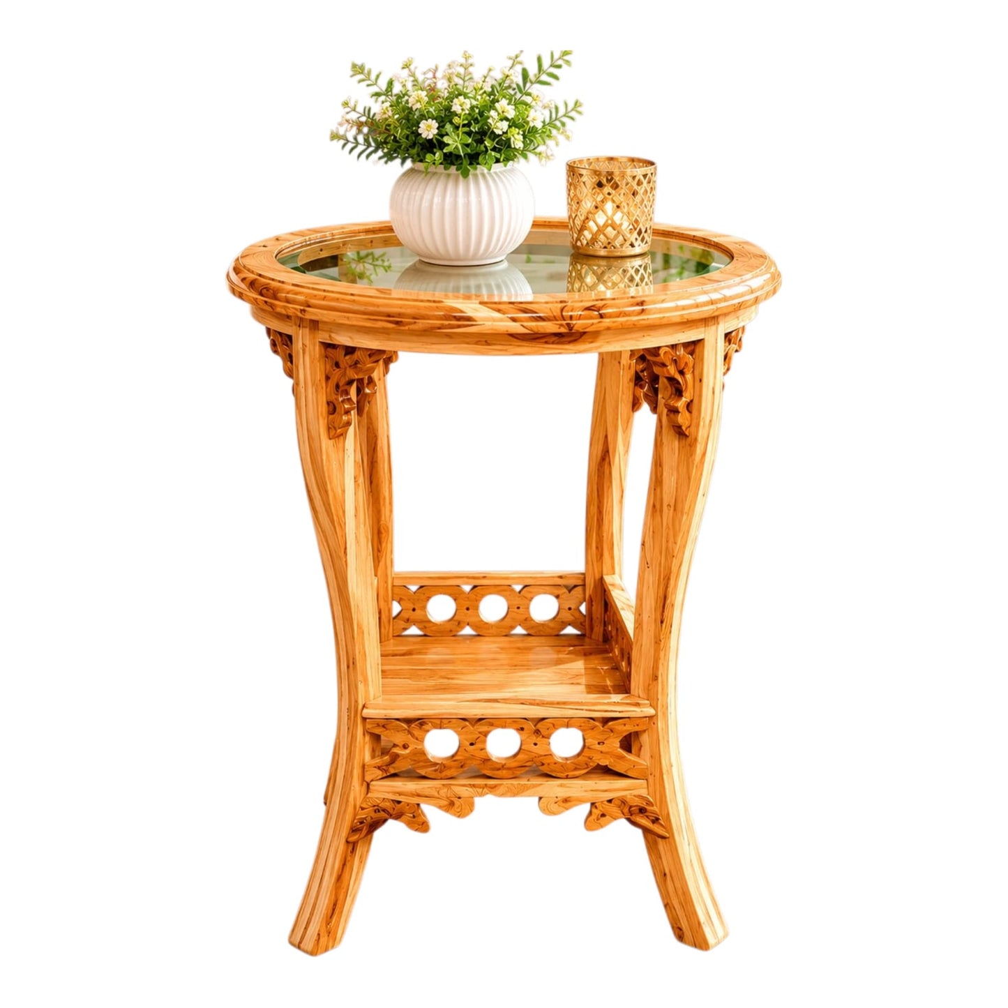 Elegant Solid Teakwood Round Side Table with Glass Top