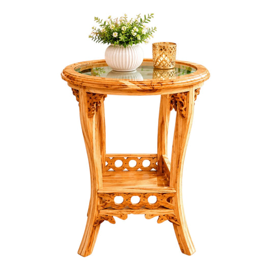Elegant Solid Teakwood Round Side Table with Glass Top