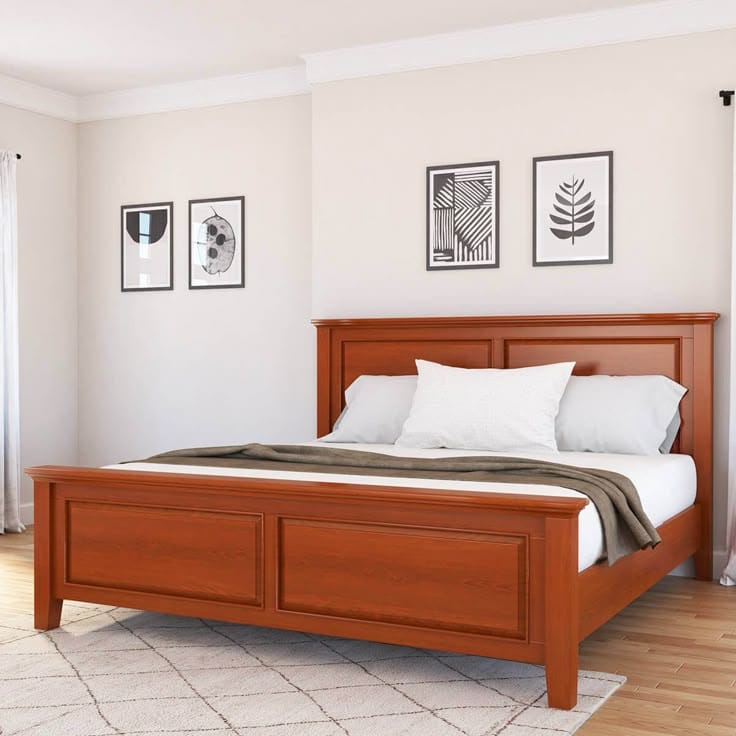 Plywood Bed with Teak Polish Finish | Premium Wooden Bed with Panel Headboard | Bedroom Furniture