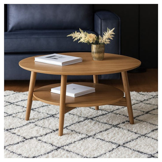 Modern Round Coffee Table | Plywood with Sunmica Top & Base | Teak Polish Finish | Living Room Center Table with Storage Shelf