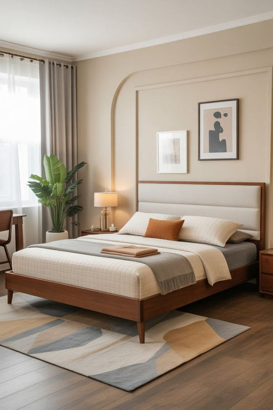 Plywood Queen Size Bed with Sunmica Finish | Upholstered Headboard